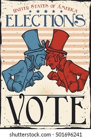 Retro poster with fighters wearing top hats and boxing gloves of traditional American political parties for the next elections in hand drawn style.