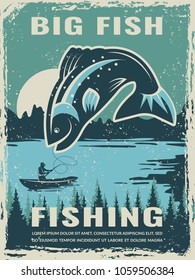 Retro poster of fisherman club with illustration of big fish. Vector fishing lake, fisher man on boat