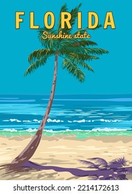 Retro Poster Florida Beach. Palm On The Beach, Coast, Surf, Ocean. Vector Illustration Vintage