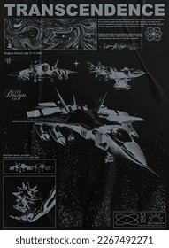 Afiche retro con un avión de combate volador. Impresión abstracta con textura de papel para calzado, para chaqueta, camiseta o sudadera Aislada sobre fondo blanco