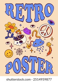 Retro poster with funky elements. Peace sign, emoji and emoticon, rainy cloud. Funky and trendy brochure and booklet. Back to 80s and 90s. Flat vector illustration isolated on beige background