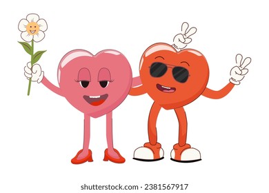 Retro poster with funny characters.I love you.Trendy 70s cartoon style. Vector illustration
