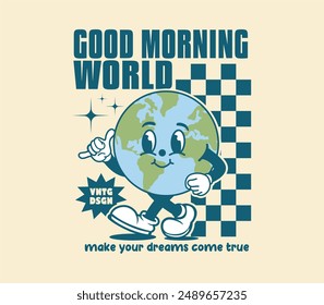 Retro poster with funny and groovy earth cartoon character walking. Can be used as Sticker, posters, prints and t shirt design. Vintage cartoon style. Vector illustration