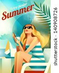Retro poster with a girl sitting on the beach. Vector