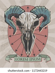 retro poster with a goat skull in the chart with the blue horns on the red beige background with arrows and lettering