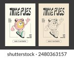 retro poster or graphic t-shirt design with an alarm clock mascot cartoon character, vector illustration