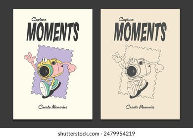 retro poster or graphic t-shirt design with a cute camera mascot cartoon character, vector illustration