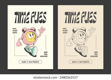 retro poster or graphic t-shirt design with an alarm clock mascot cartoon character, vector illustration