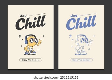 retro poster or graphic t-shirt design with a cartoon character listening to music, vector illustration