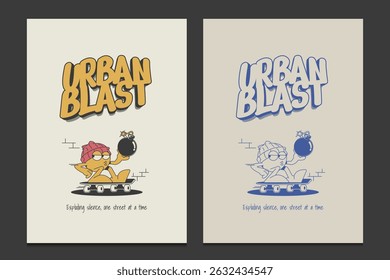 Diseño retro del cartel o de la camiseta gráfica con un carácter frío de la historieta que sostiene una bomba, Ilustración vectorial