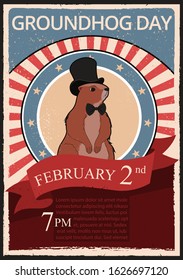 Retro poster for Groundhog Day, holiday decoration. Flyer party invitation.