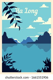 Retro poster Ha Long city skyline. Ha-Long vintage, vector illustration.