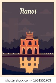 Retro poster Hanoi city skyline. Hanoi vintage, vector illustration.