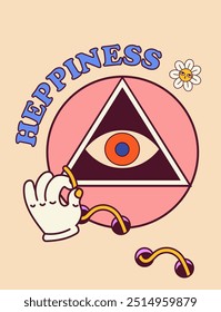 Retro poster with happiness. Triangle with eye inside. Funky and trendy brochure and booklet. Back to 80s and 90s, hippie era. Flat vector illustration isolated on beige background