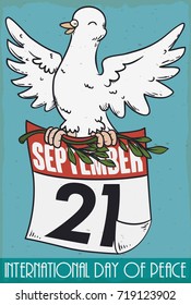 Retro poster with a happy dove with wide open wings, holding an olive branch and loose-leaf calendar to commemorate International Day of Peace in September 21, since 1982.