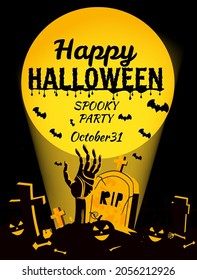 Retro poster Happy Halloween poster, night cemetery, zombie hand crawls out against, background of the full moon . Vector illustration cartoon style banner