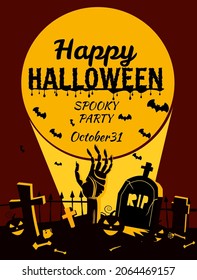 Retro poster Happy Halloween poster, night cemetery, zombie hand crawls out against, background of the full moon . Vector illustration cartoon style banner