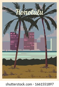 Retro poster Honolulu city skyline. Honolulu vintage, vector illustration.