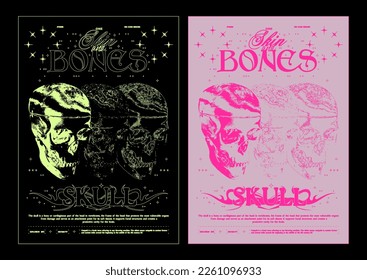 Retro poster with human skull. Abstract print with noise, for streetwear, print for t-shirts and sweatshirts on a black background	