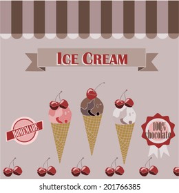 Retro poster with ice cream cones and different labels with text