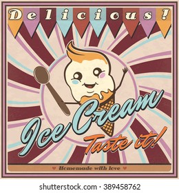 Retro poster of Ice Cream shop. Vintage sign of homemade ice cream. Advertising vector layout for ice cream shop.