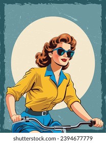 Retro Afiche ilustrativo de una bella joven en bicicleta, imagen vintage