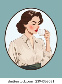 Retro Poster Illustration of a Girl Sipping Coffee