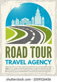 Retro poster with illustration of highway and urban landscape. Vector road tour, journey and route trip, roadway or highway