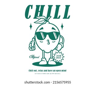  Retro Poster illustration of a lemon wearing sunglasses and holding an e-cigarette in his hand above it says "chill" for t shirt design (street wear and urban style)