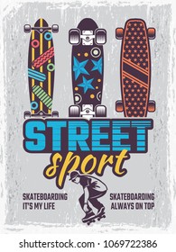 Retro poster with illustrations of colored skateboards