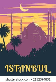 Retro Poster Istanbul, sunset city Turkey, Noble Hagia Sophia Grand Mosque, silhouette. Vintage touristic postcard