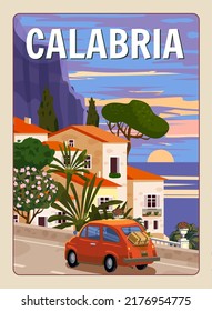 Retro Poster Italy, Calabria resort, Amalfi coast. Road retro car, mediterranean romantic landscape, mountains, seaside town, sailboat, sea. Retro travel poster svg