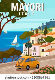 Retro Poster Italy, Mayori resort, Amalfi coast. Road retro car, mediterranean romantic landscape, mountains, seaside town, sailboat, sea. Retro travel poster svg