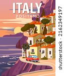 Retro Poster Italy, mediterranean romantic landscape, road, car, mountains, seaside town, sailboat, sea. Retro travel poster