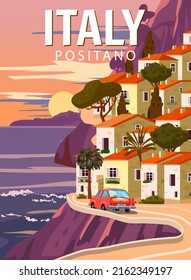 Retro Poster Italy, mediterranean romantic landscape, road, car, mountains, seaside town, sailboat, sea. Retro travel poster - Shutterstock ID 2162349197