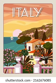 Retro Poster Italy, mediterranean romantic landscape, mountains, seaside town, sailboat, sea. Retro travel poster svg