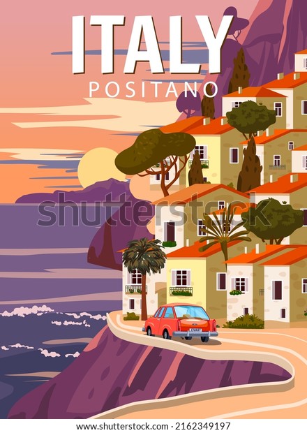 Retro Poster Italy, mediterranean romantic
landscape, road, car, mountains, seaside town, sailboat, sea. Retro
travel poster
