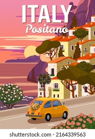 Retro Poster Italy, Positano resort, Amalfi coast. Road retro car, mediterranean romantic landscape, mountains, seaside town, sailboat, sea. Retro travel poster svg