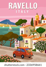 Retro Poster Italy, Ravello resort, Amalfi coast. Road retro car, mediterranean romantic landscape, mountains, seaside town, sailboat, sea. Retro travel poster svg