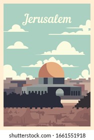 Retro poster Jerusalem city skyline. Jerusalem vintage, vector illustration.