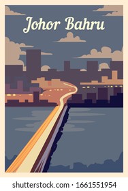 Retro poster Johor Bahru  city skyline. Johor-Bahru vintage, vector illustration.