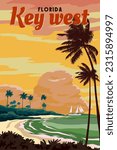 Retro Poster Key West Florida Beach. Palm on the beach, sailboat, coast, surf, ocean