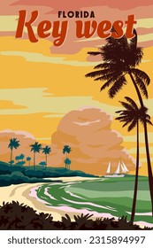 Retro Poster Key West Florida Beach. Palm on the beach, sailboat, coast, surf, ocean