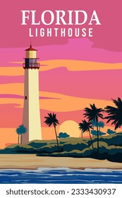 Retro Poster Key West Lighthouse Florida. Palm, coast, ocean vector