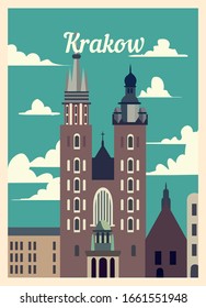 Retro poster Krakow city skyline. Krakow vintage, vector illustration.