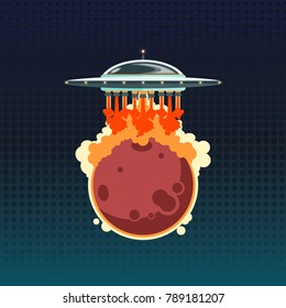 Retro poster with a large flying saucer flying away from a lifeless red planet. Colonization of Mars. Space travel. Vector illustration.