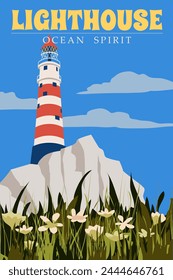 Retro Poster Lighthouse tower, beacon on seashore ocean