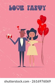 Retro Poster. Love Party. A couple in love in retro style. Balloons. Gift. Vector illustration.
