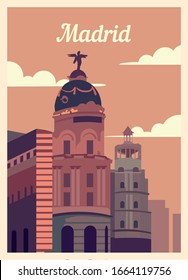 Retro poster Madrid city skyline. Madrid vintage, vector illustration.