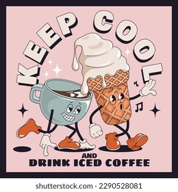 Retro poster with mascot cup of drink, iced coffee, in trendy vintage cartoon style. Coffee character with ice cream in 60s, 70s old style. Vintage comic cafe mascots. Retro vector illustration.